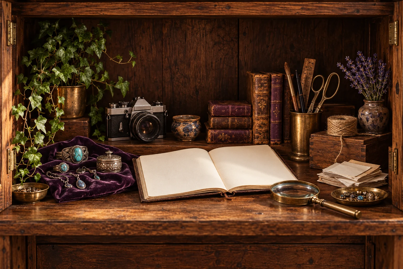 A reseller’s wooden workbench with a camera, jewelry, open notebook, measuring tools, and papers.