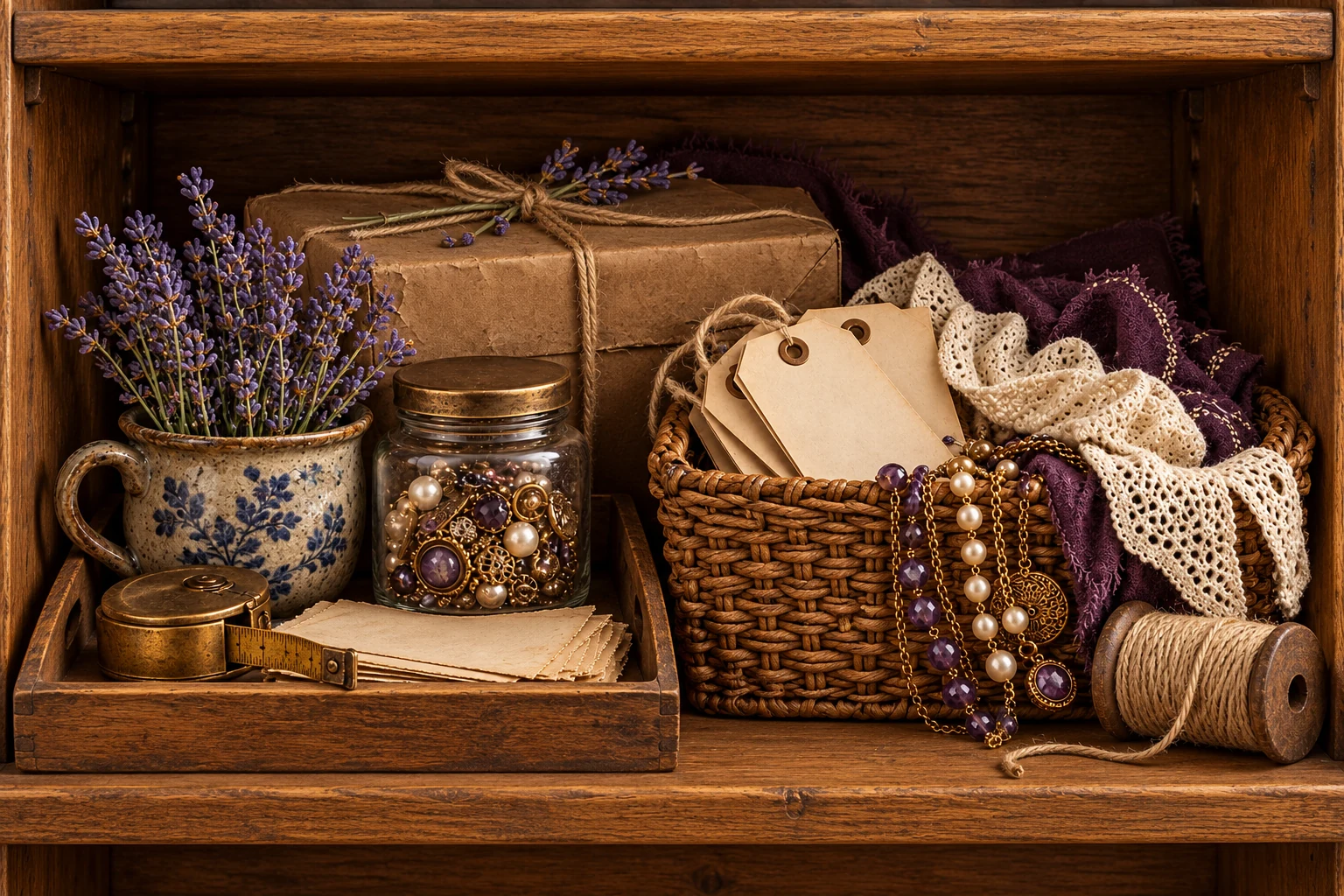 Wooden cabinet cubby holding a divided tray, jewelry supplies, papers, parcels, and a woven storage basket.